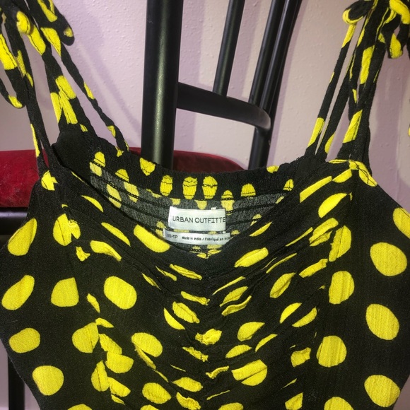 Yellow polka dot mini black romper w/ tie shoulder - Picture 1 of 3